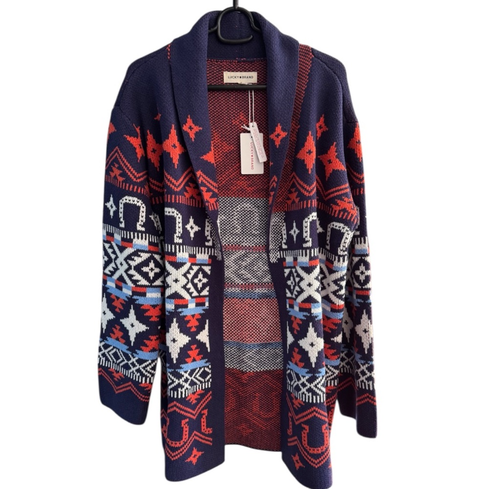 Lucky Brand Southwestern Shawl Collar Cardigan Knit Aztec Print Retails $149.50